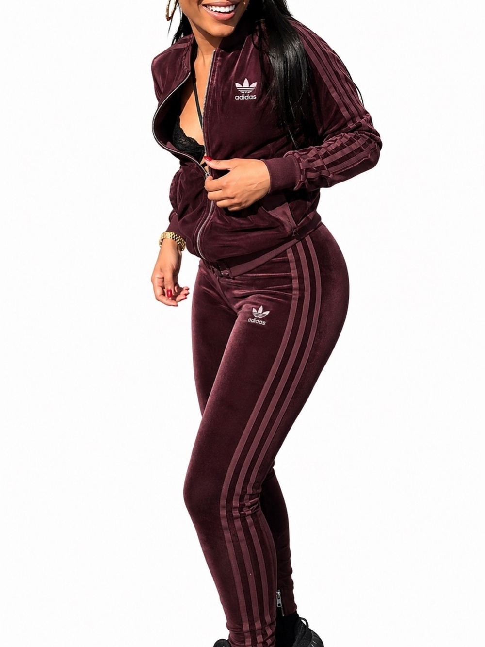 Adidas Originals burgundy Velvet Track Jacket & leggings Set